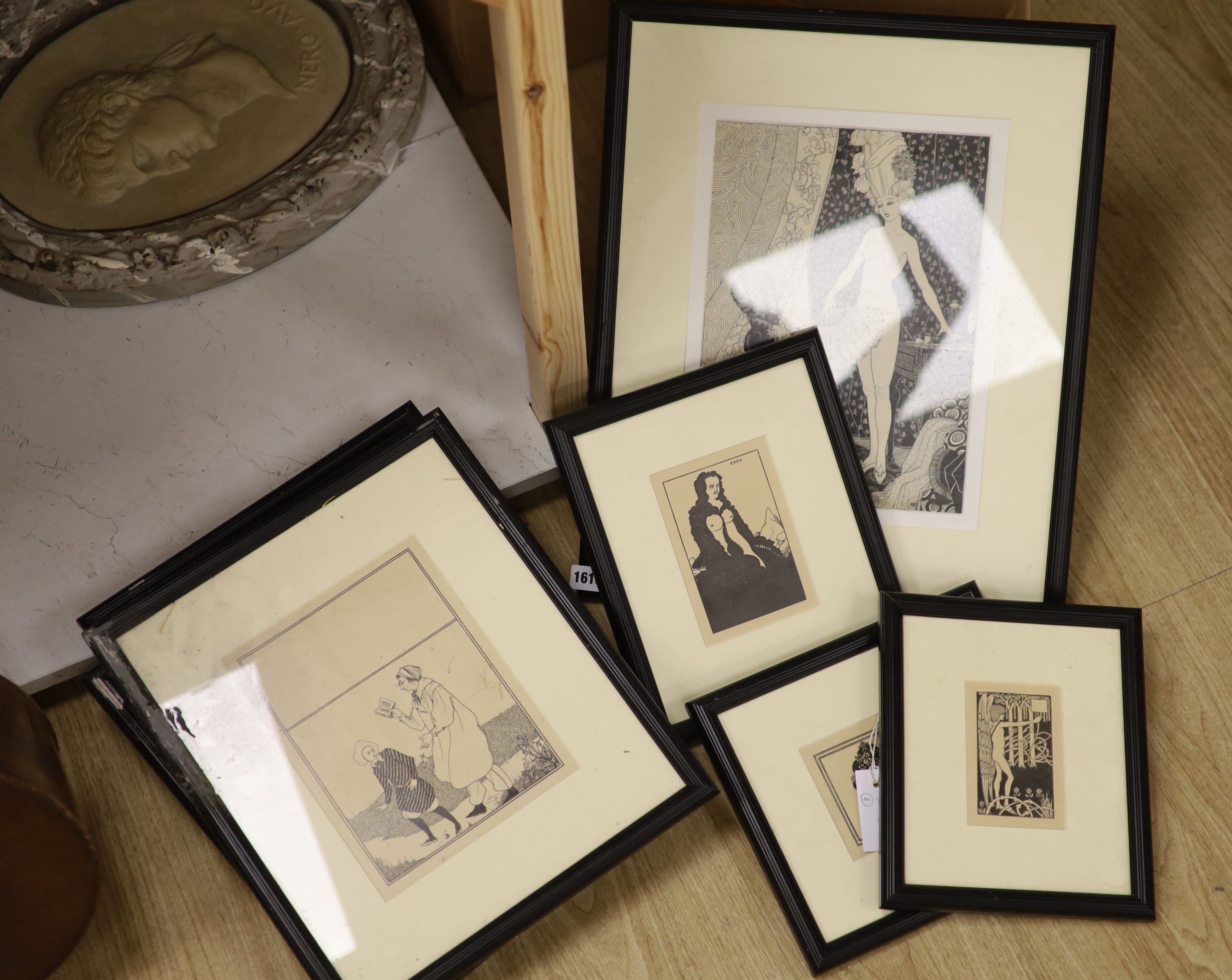 After Aubrey Beardsley, eight black and white prints, largest 33 x 24cm